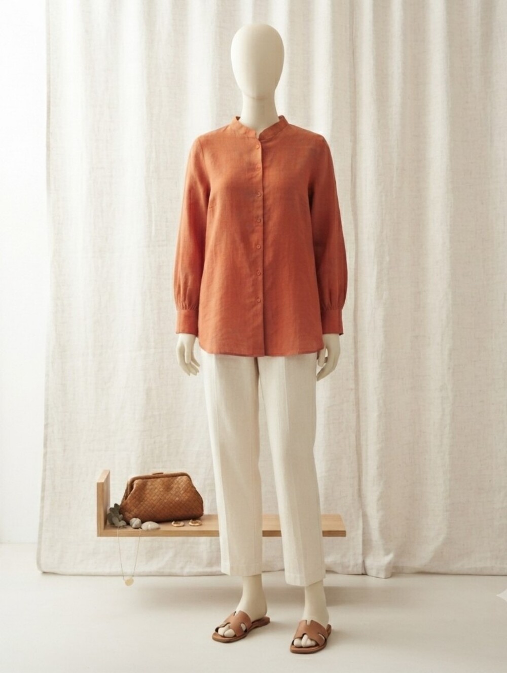 Bright Orange Button-Front Linen Blouse